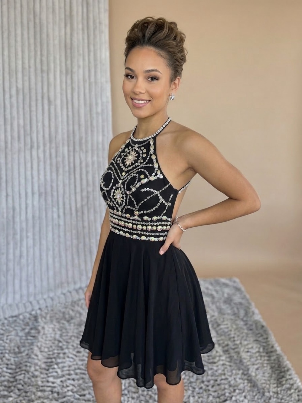 NWT Black Iridescent Rhinestone Halter Homecoming Dress US 14